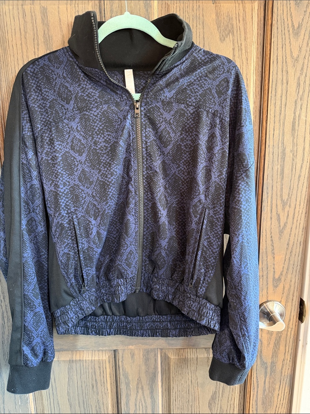 Athleta Navy Snake-Print Zip Bomber Jacket